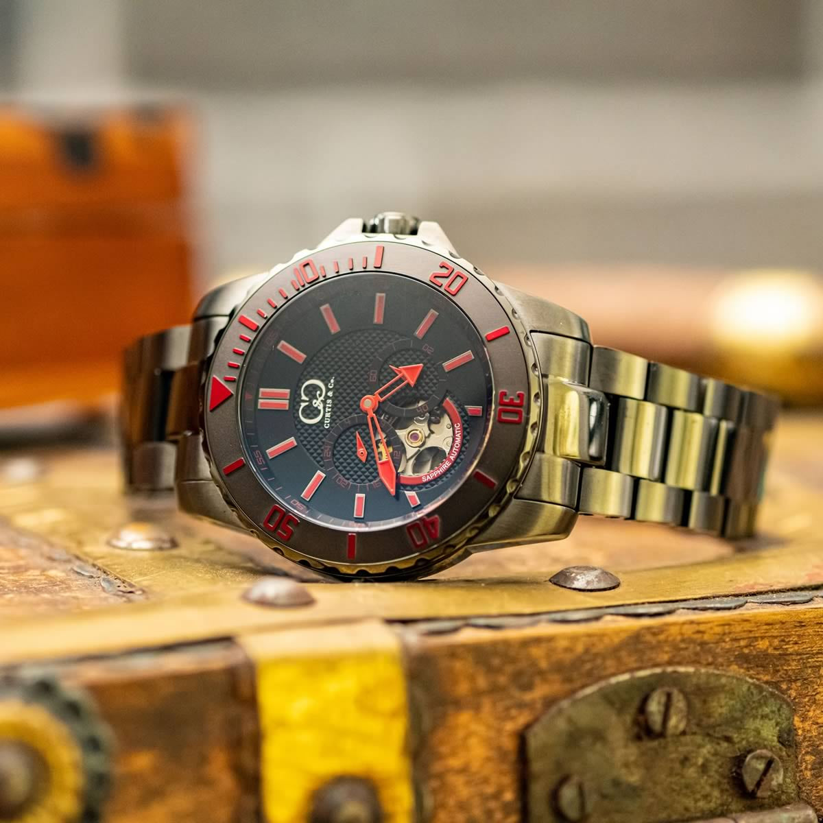 Big Time ROYALE Gun Metal Black Dial Red Accent Automatic 45MM