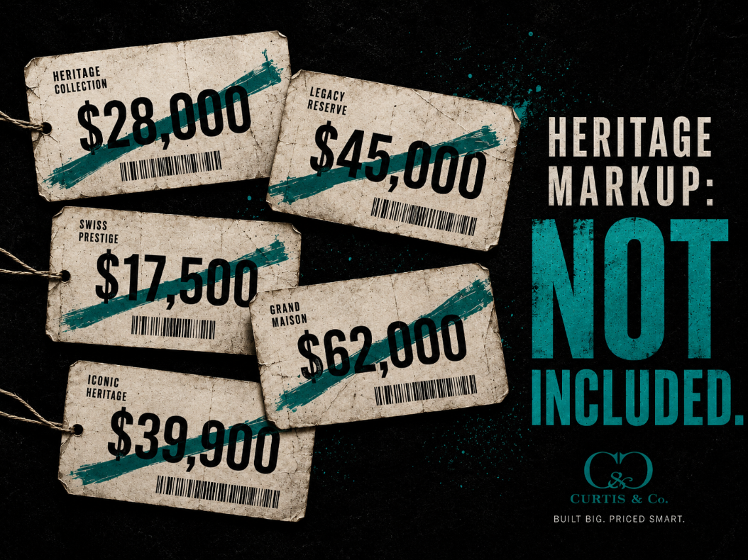 Vintage price tags crossed out beside the message Heritage markup: not included.