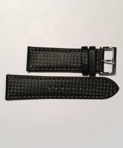 Black Carbon Fiber Pattern Leather with Brown Stitching 24mm Strap with Stainless Steel Buckle