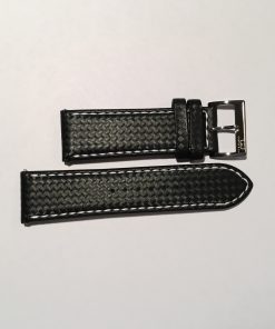 Black Carbon Fiber Pattern Leather with White Stitching 24mm Strap with Stainless Steel Buckle